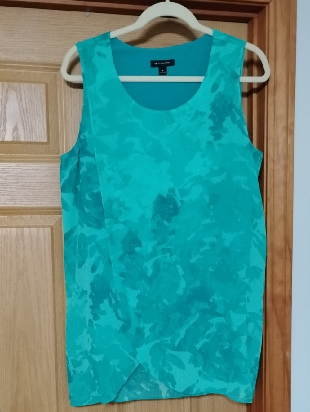 H By Halston Green Floral Jacquard Scoop Neck Lined Fly Away Top Medium